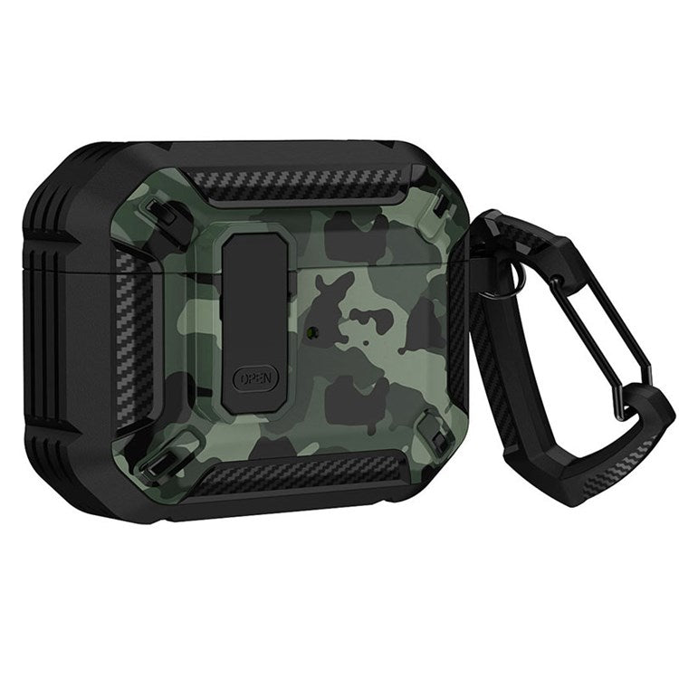 For Apple AirPods Pro Soft TPU+PC Cover Bluetooth Earbuds Protective Case Pattern Printed Shell with Buckle - Black / Camo Green