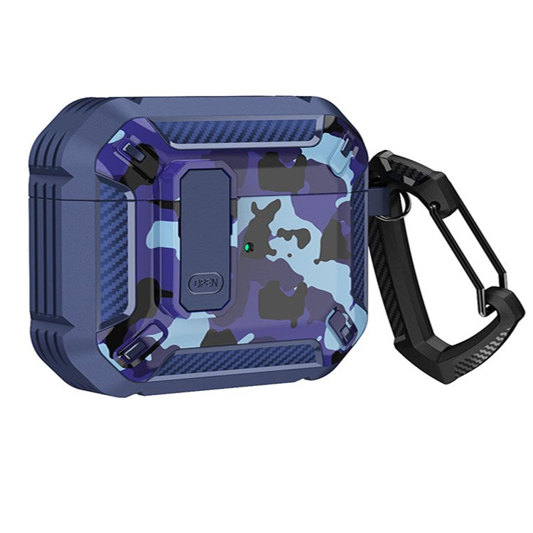 For Apple AirPods Pro Soft TPU+PC Cover Bluetooth Earbuds Protective Case Pattern Printed Shell with Buckle - Blue+Camo Blue