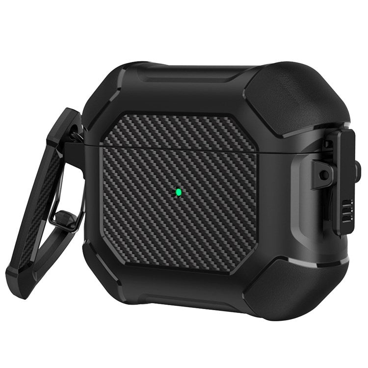 For Apple AirPods 3 Carbon Fiber Pattern Protective Case Portable Bluetooth Earbuds Soft TPU+PC Cover with Buckle - Black