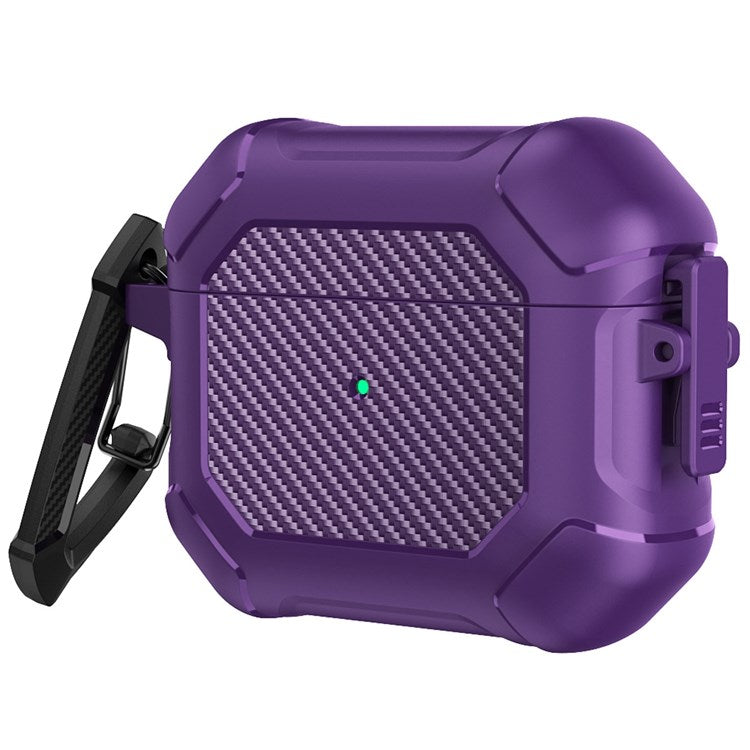 For Apple AirPods 3 Carbon Fiber Pattern Protective Case Portable Bluetooth Earbuds Soft TPU+PC Cover with Buckle - Purple