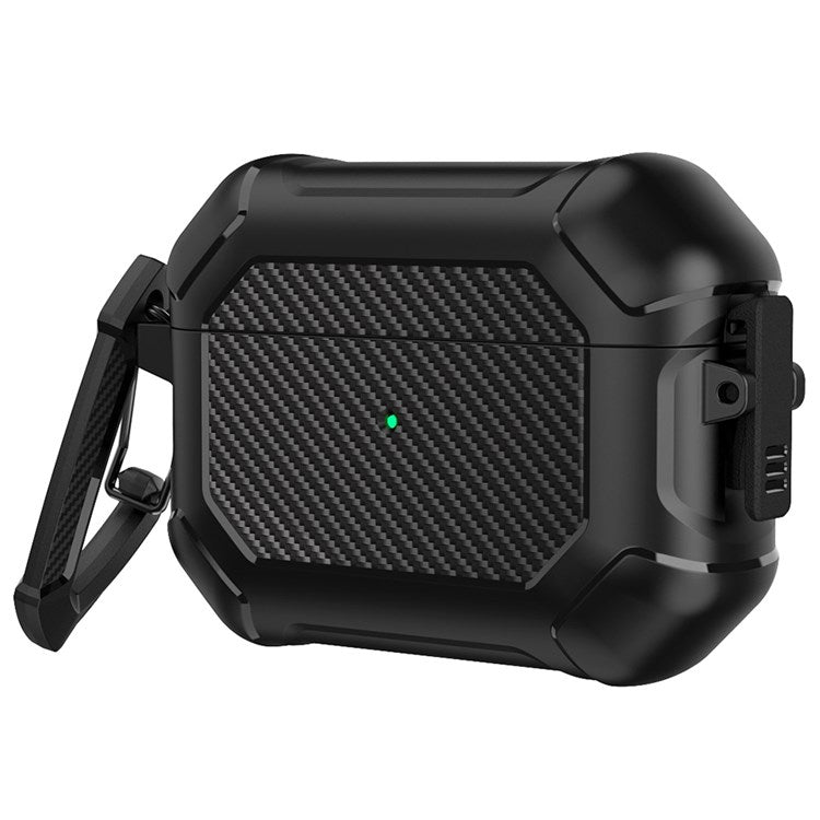 For Apple AirPods Pro Carbon Fiber Anti-Drop Case Portable Bluetooth Earbuds Soft TPU+PC Cover with Buckle - Black