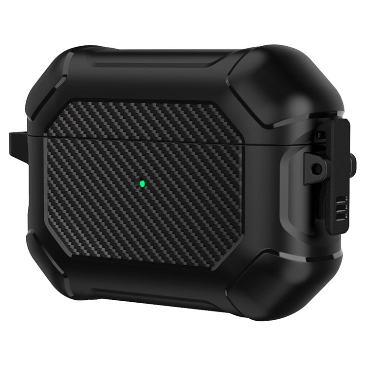 For Apple AirPods Pro Carbon Fiber Anti-Drop Case Portable Bluetooth Earbuds Soft TPU+PC Cover with Buckle - Black