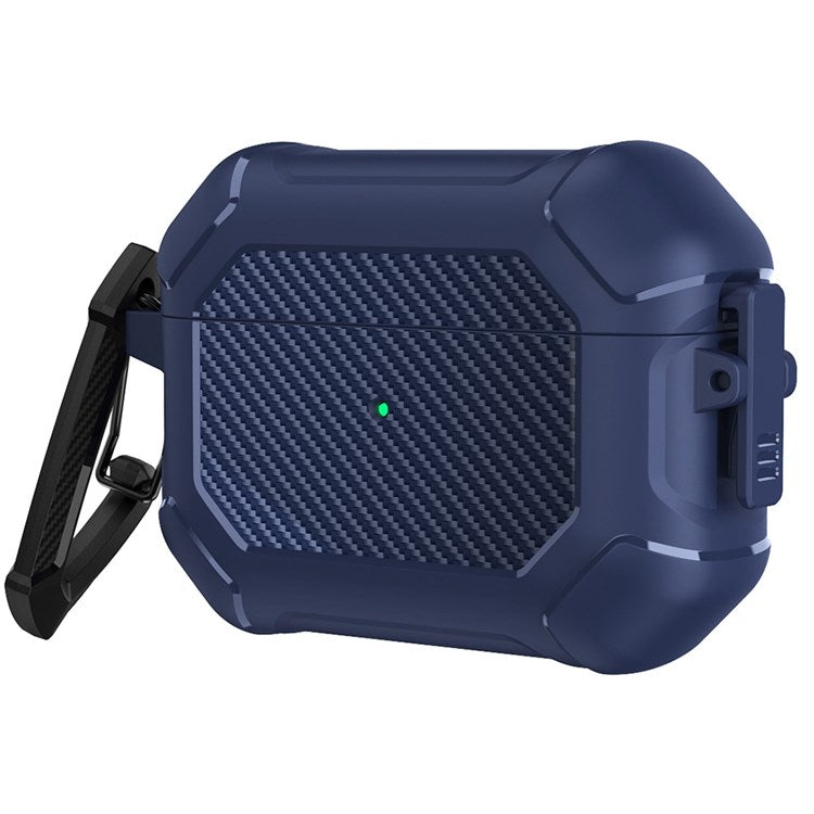 For Apple AirPods Pro Carbon Fiber Anti-Drop Case Portable Bluetooth Earbuds Soft TPU+PC Cover with Buckle - Blue