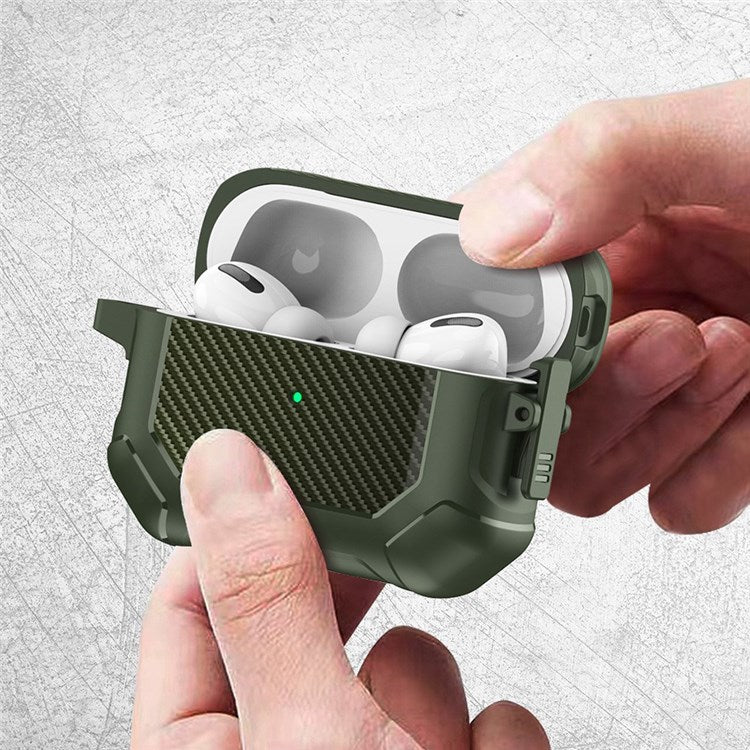 For Apple AirPods Pro Carbon Fiber Anti-Drop Case Portable Bluetooth Earbuds Soft TPU+PC Cover with Buckle - Blackish Green