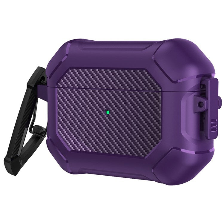 For Apple AirPods Pro Carbon Fiber Anti-Drop Case Portable Bluetooth Earbuds Soft TPU+PC Cover with Buckle - Purple