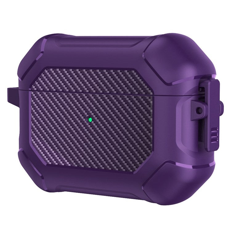 For Apple AirPods Pro Carbon Fiber Anti-Drop Case Portable Bluetooth Earbuds Soft TPU+PC Cover with Buckle - Purple