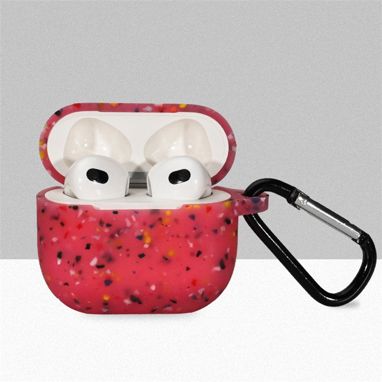 For Apple Airpods 3 Flower Pattern Silicone Case Bluetooth Earbuds Protective Cover with Anti-loss Carabiner - Red