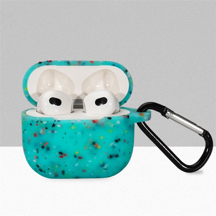 For Apple Airpods 3 Flower Pattern Silicone Case Bluetooth Earbuds Protective Cover with Anti-loss Carabiner - Green