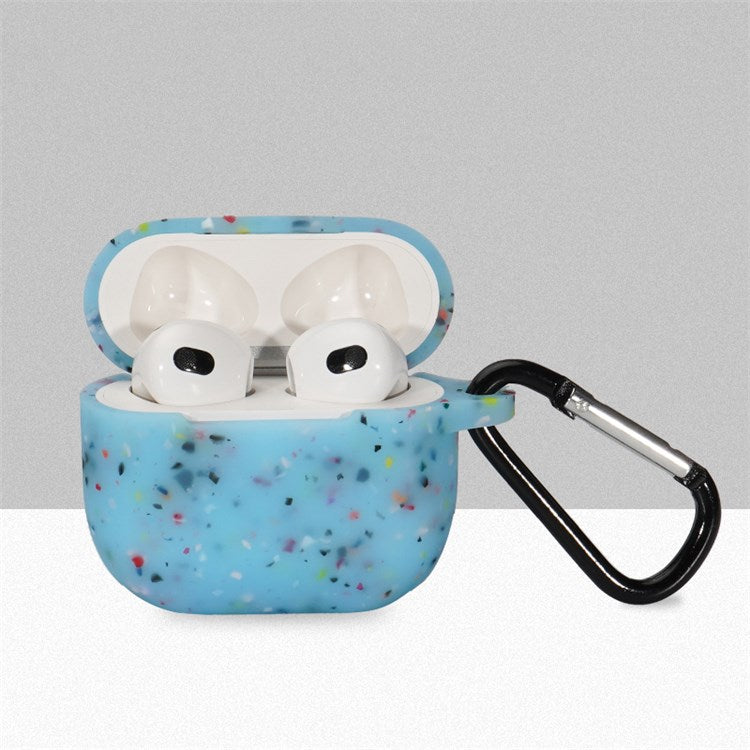 For Apple Airpods 3 Flower Pattern Silicone Case Bluetooth Earbuds Protective Cover with Anti-loss Carabiner - Sky Blue