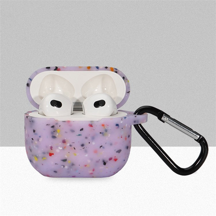 For Apple Airpods 3 Flower Pattern Silicone Case Bluetooth Earbuds Protective Cover with Anti-loss Carabiner - Purple