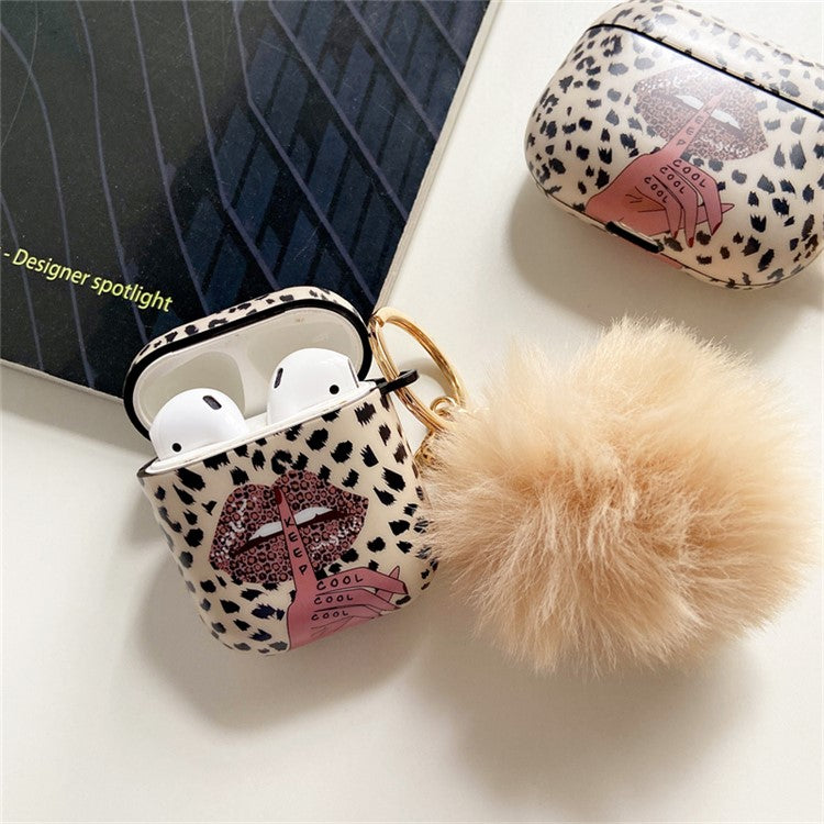 For Apple AirPods with Charging Case (2016)  /  (2019)  /  AirPods with Wireless Charging Case (2019) Anti-Drop Cover Lip Leopard Pattern TPU Headset Case with Hair-Ball Pendant