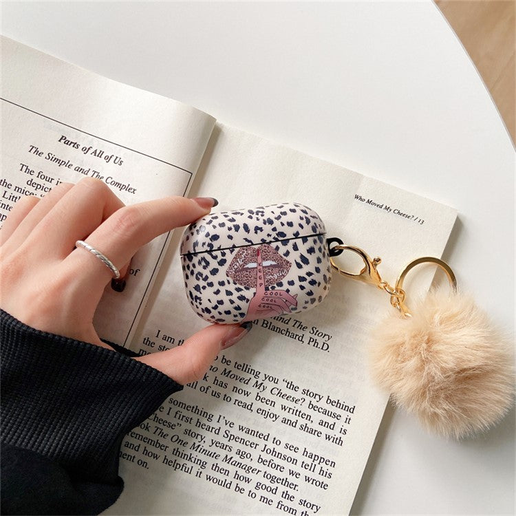 For Apple AirPods Pro Lip Leopard Pattern TPU Cover Anti-Drop Headset Case with Hair-Ball Pendant