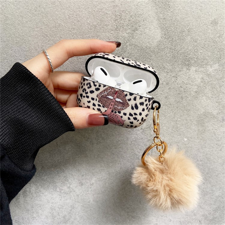 For Apple AirPods Pro Lip Leopard Pattern TPU Cover Anti-Drop Headset Case with Hair-Ball Pendant