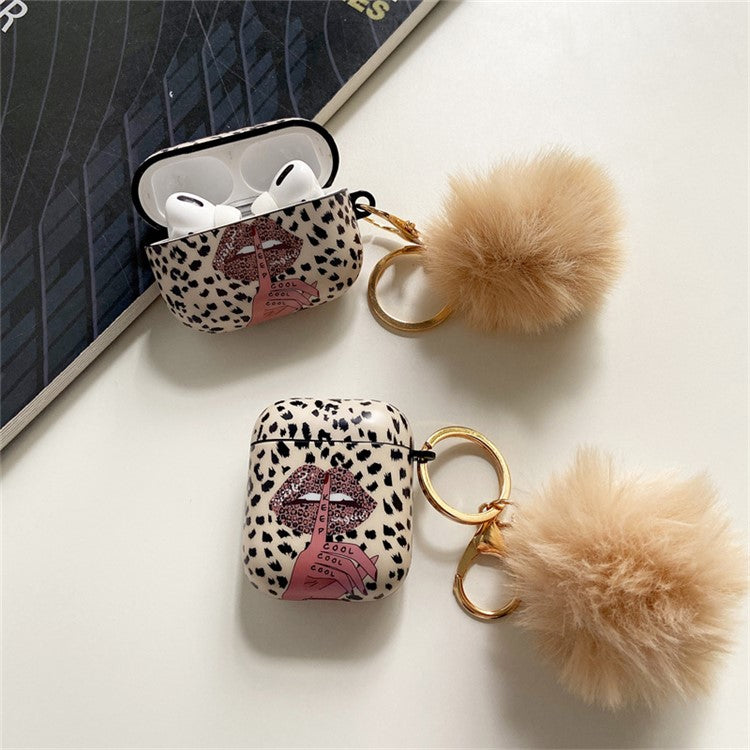 For Apple AirPods Pro Lip Leopard Pattern TPU Cover Anti-Drop Headset Case with Hair-Ball Pendant