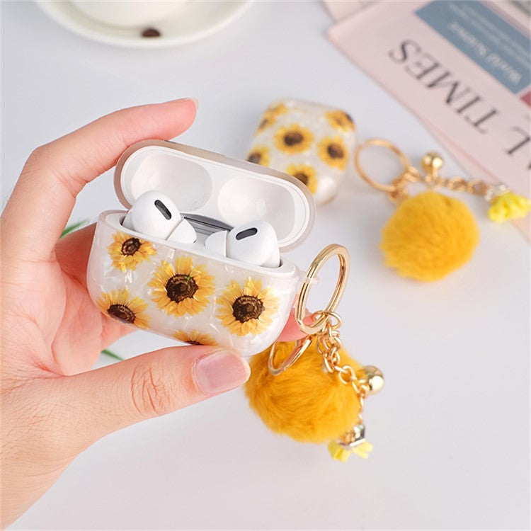 Protective TPU Cover for Apple AirPods Pro, Shell Texture Sunflower Pattern Earbuds Case with Hair-Ball Pendant