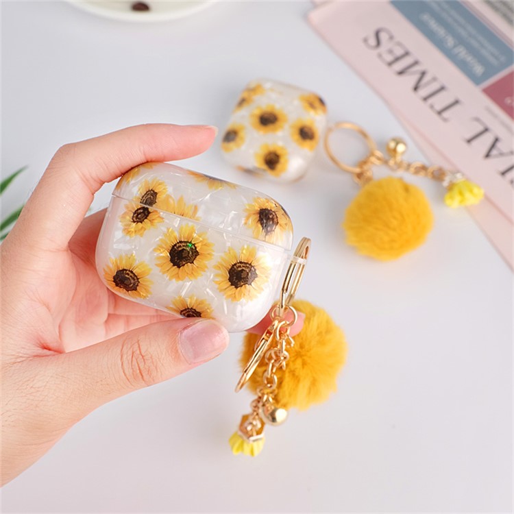 Protective TPU Cover for Apple AirPods Pro, Shell Texture Sunflower Pattern Earbuds Case with Hair-Ball Pendant