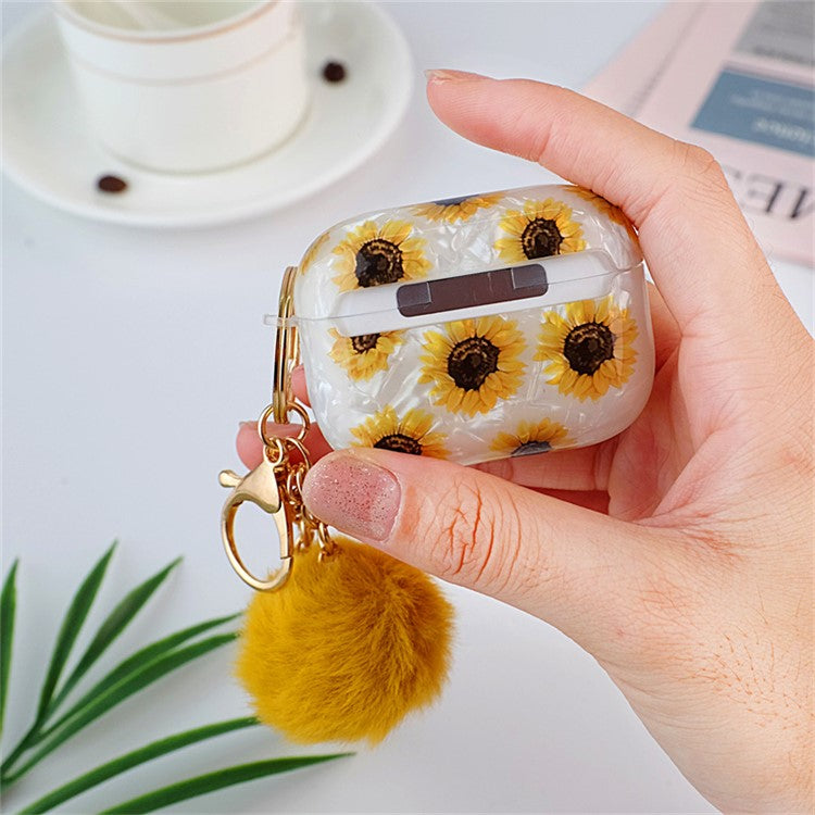 Protective TPU Cover for Apple AirPods Pro, Shell Texture Sunflower Pattern Earbuds Case with Hair-Ball Pendant