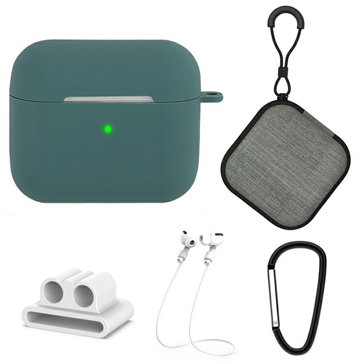 5Pcs / Set For Apple AirPods 3 Portable Protective Case Set Earbuds Soft Silicone Protector Kit with Keychain / Earphone Holder / Anti-lost Neck Strap / Storage Case - Midnight Green