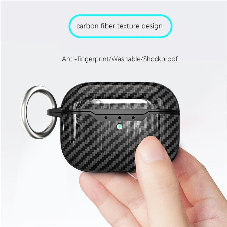 For AirPods Pro 2 / Pro Case Cover Carbon Fiber Protective Cover Portable Earbuds Anti-Drop TPU Case with Buckle - Black