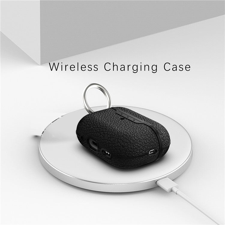 For AirPods Pro 2 Charging Case Cover Litchi Texture Bluetooth Earbuds Shockproof TPU Case with Buckle - Black