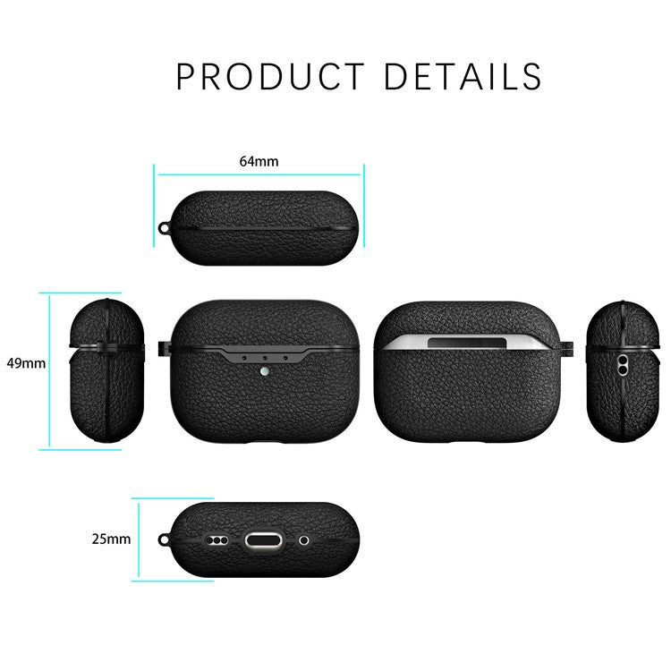 For AirPods Pro 2 Charging Case Cover Litchi Texture Bluetooth Earbuds Shockproof TPU Case with Buckle - Black