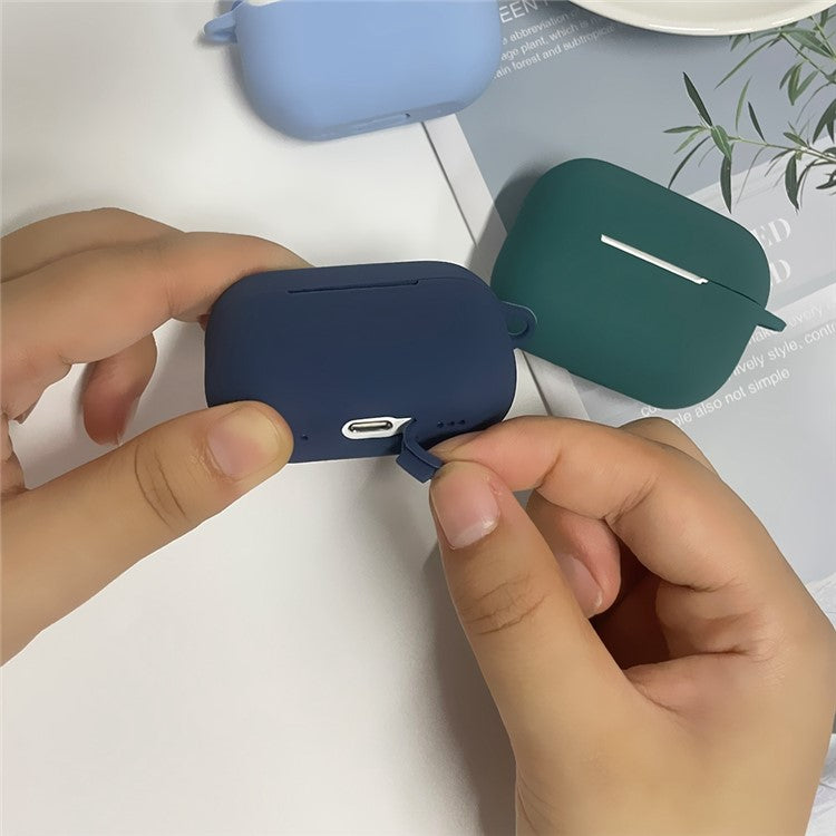 For AirPods Pro 2 Shockproof Bluetooth Earphones Case 2.2mm Soft Silicone Thickened Protective Cover with Anti-lost Buckle - Midnight Green