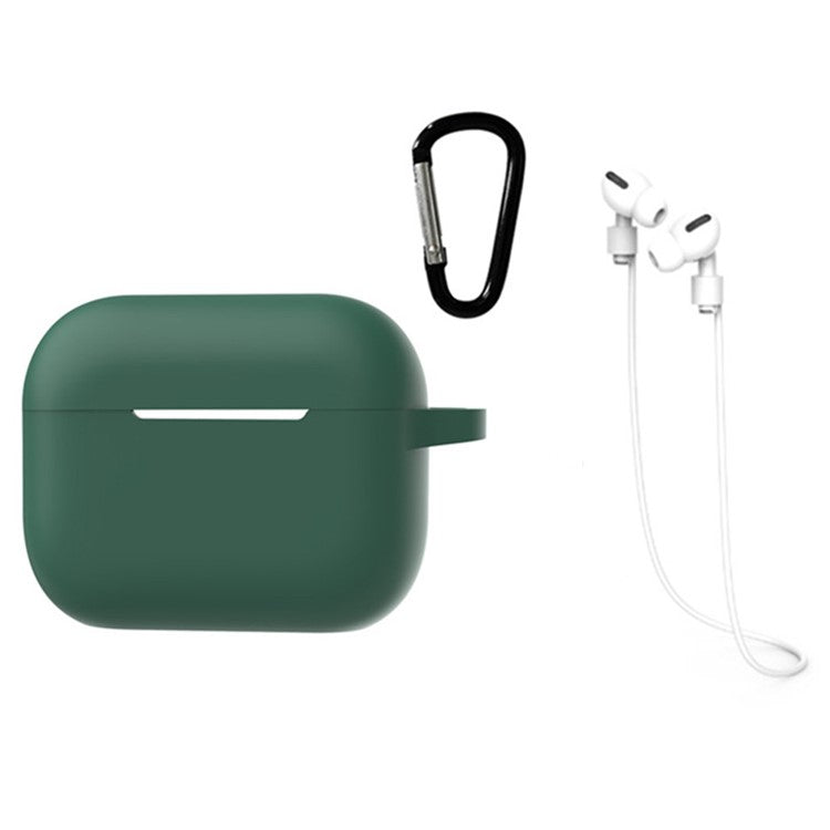 3 in 1 For Apple AirPods Pro 2 Portable Protective Case Set Earbuds Soft Silicone Protector Kit with Keychain  /  Anti-lost Neck Strap - Midnight Green