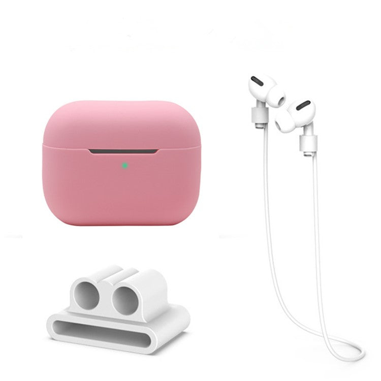 3 in 1 For Apple AirPods Pro 2 Charging Case Cover Earbuds Protective Silicone Case Set with Headset Holder / Anti-lost Neck Strap - Pink