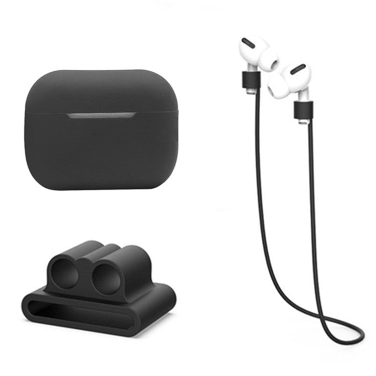 3 in 1 For Apple AirPods Pro 2 Charging Case Cover Earbuds Protective Silicone Case Set with Headset Holder / Anti-lost Neck Strap - Black