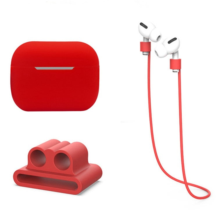 3 in 1 For Apple AirPods Pro 2 Charging Case Cover Earbuds Protective Silicone Case Set with Headset Holder / Anti-lost Neck Strap - Red