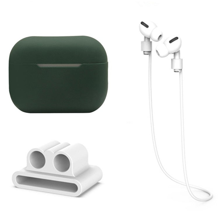 3 in 1 For Apple AirPods Pro 2 Charging Case Cover Earbuds Protective Silicone Case Set with Headset Holder / Anti-lost Neck Strap - Midnight Green