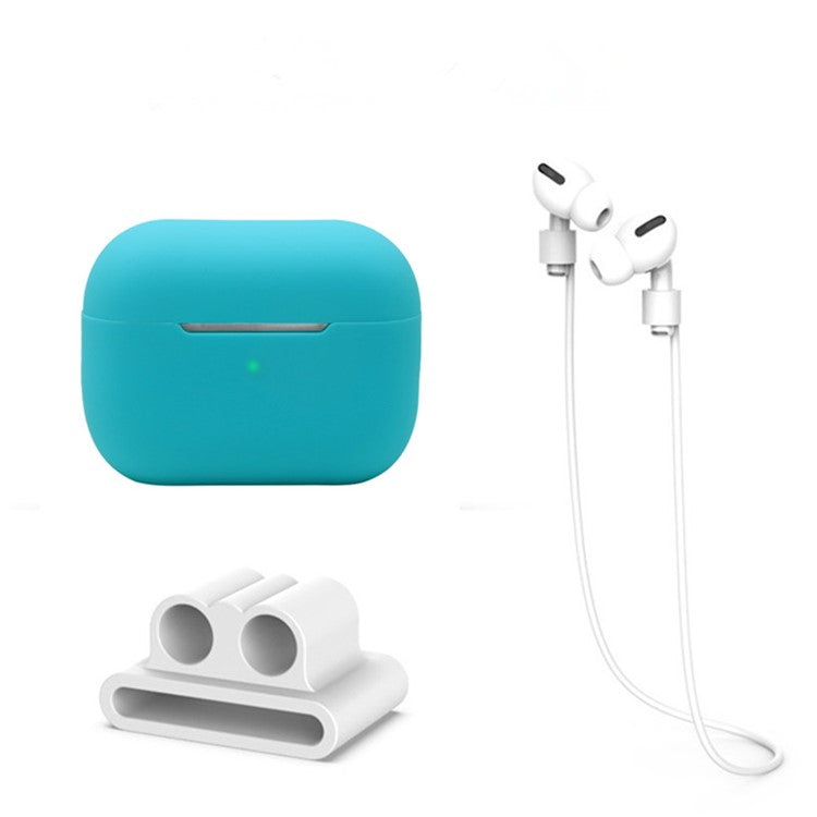 3 in 1 For Apple AirPods Pro 2 Charging Case Cover Earbuds Protective Silicone Case Set with Headset Holder  /  Anti-lost Neck Strap - Lake Blue