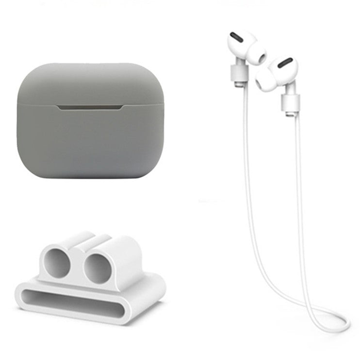 3 in 1 For Apple AirPods Pro 2 Charging Case Cover Earbuds Protective Silicone Case Set with Headset Holder  /  Anti-lost Neck Strap - Grey