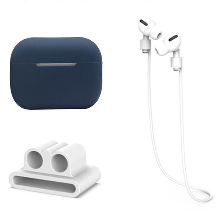 3 in 1 For Apple AirPods Pro 2 Charging Case Cover Earbuds Protective Silicone Case Set with Headset Holder  /  Anti-lost Neck Strap - Midnight Blue