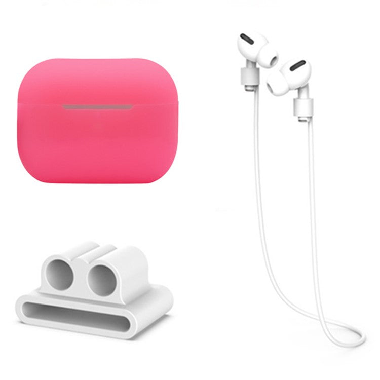 3 in 1 For Apple AirPods Pro 2 Charging Case Cover Earbuds Protective Silicone Case Set with Headset Holder  /  Anti-lost Neck Strap - Fluorescent Pink