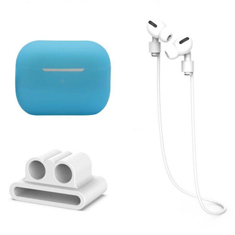 3 in 1 For Apple AirPods Pro 2 Charging Case Cover Earbuds Protective Silicone Case Set with Headset Holder  /  Anti-lost Neck Strap - Fluorescent Blue