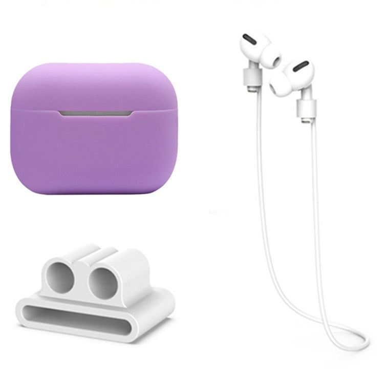 3 in 1 For Apple AirPods Pro 2 Charging Case Cover Earbuds Protective Silicone Case Set with Headset Holder  /  Anti-lost Neck Strap - Purple