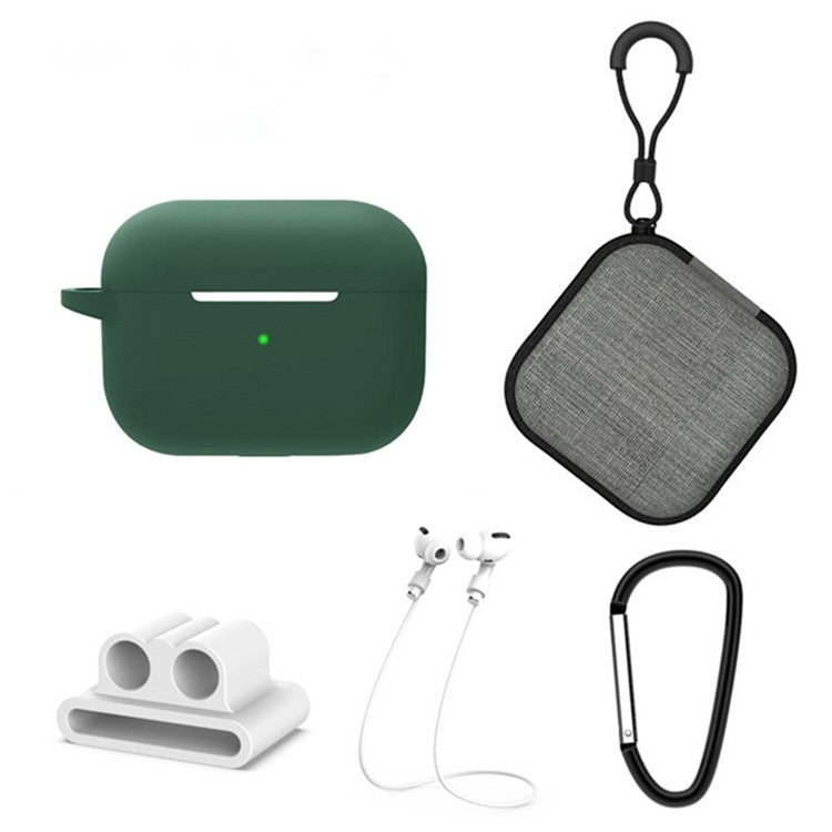 5 in 1 For Apple AirPods Pro 2 Charging Case Cover Headset Silicone Case Protector Set with Earbuds Holder / Anti-lost Neck Strap / Buckle - Midnight Green