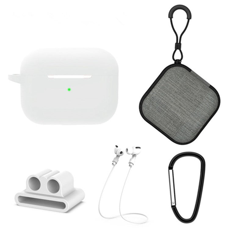 5 in 1 For Apple AirPods Pro 2 Charging Case Cover Headset Silicone Case Protector Set with Earbuds Holder / Anti-lost Neck Strap / Buckle - White