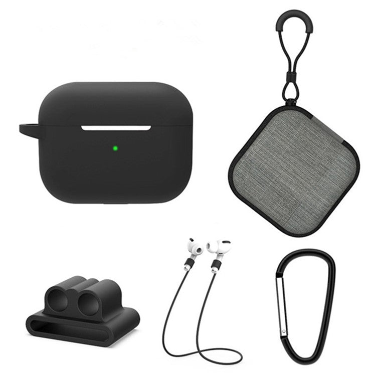 5 in 1 For Apple AirPods Pro 2 Charging Case Cover Headset Silicone Case Protector Set with Earbuds Holder / Anti-lost Neck Strap / Buckle - Black