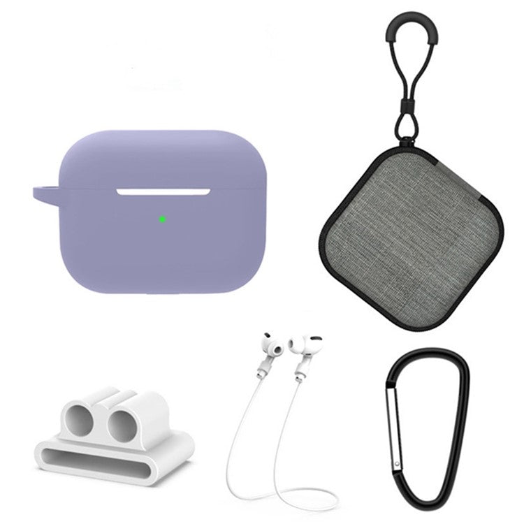 5 in 1 For Apple AirPods Pro 2 Charging Case Cover Headset Silicone Case Protector Set with Earbuds Holder / Anti-lost Neck Strap / Buckle - Lavender Grey