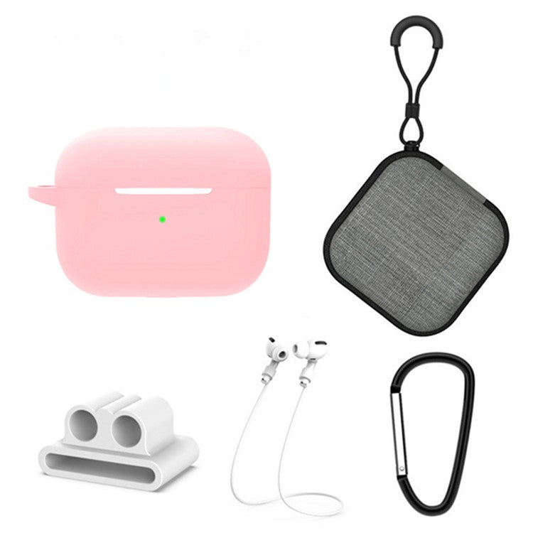 5 in 1 For Apple AirPods Pro 2 Charging Case Cover Headset Silicone Case Protector Set with Earbuds Holder  /  Anti-lost Neck Strap  /  Buckle - Pink