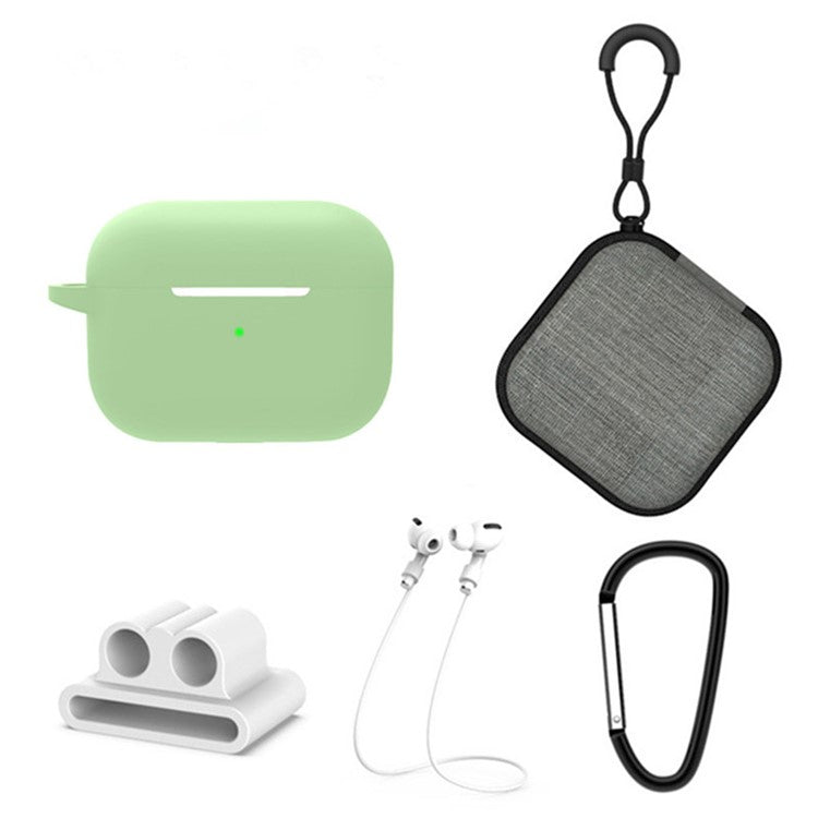 5 in 1 For Apple AirPods Pro 2 Charging Case Cover Headset Silicone Case Protector Set with Earbuds Holder  /  Anti-lost Neck Strap  /  Buckle - Light Green