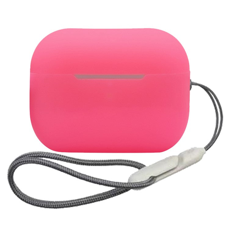 For AirPods Pro 2 Soft Silicone Case Full Protection Anti-Dust Earphone Cover with Anti-Lost Lanyard - Fluorescent Pink