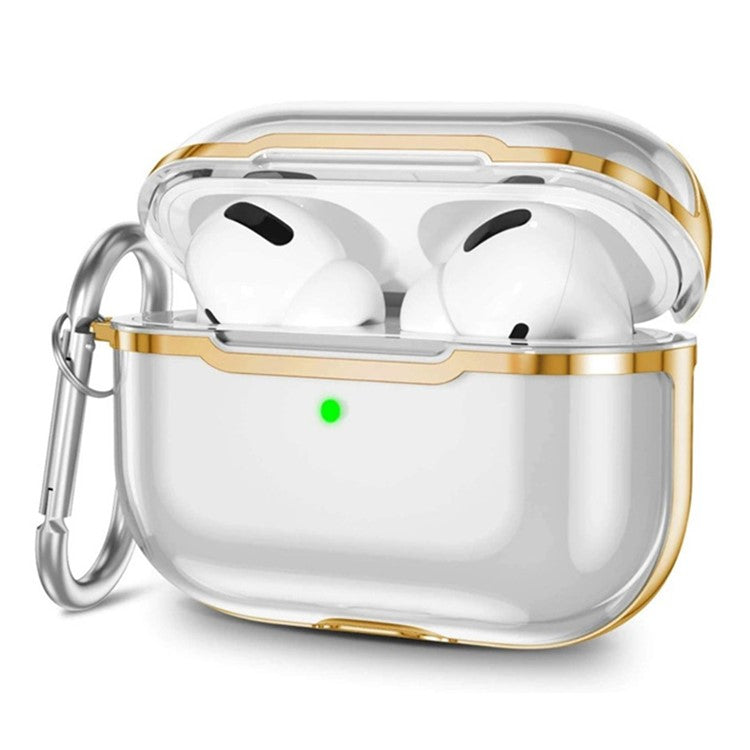 KKDJ865 For AirPods Pro 2 Transparent Earphone Case Soft TPU Hard PC Drop Proof Full Body Protective Electroplating Cover with Carabiner Hook - Transparent / Gold