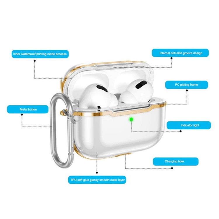 KKDJ865 For AirPods Pro 2 Transparent Earphone Case Soft TPU Hard PC Drop Proof Full Body Protective Electroplating Cover with Carabiner Hook - Transparent / Gold