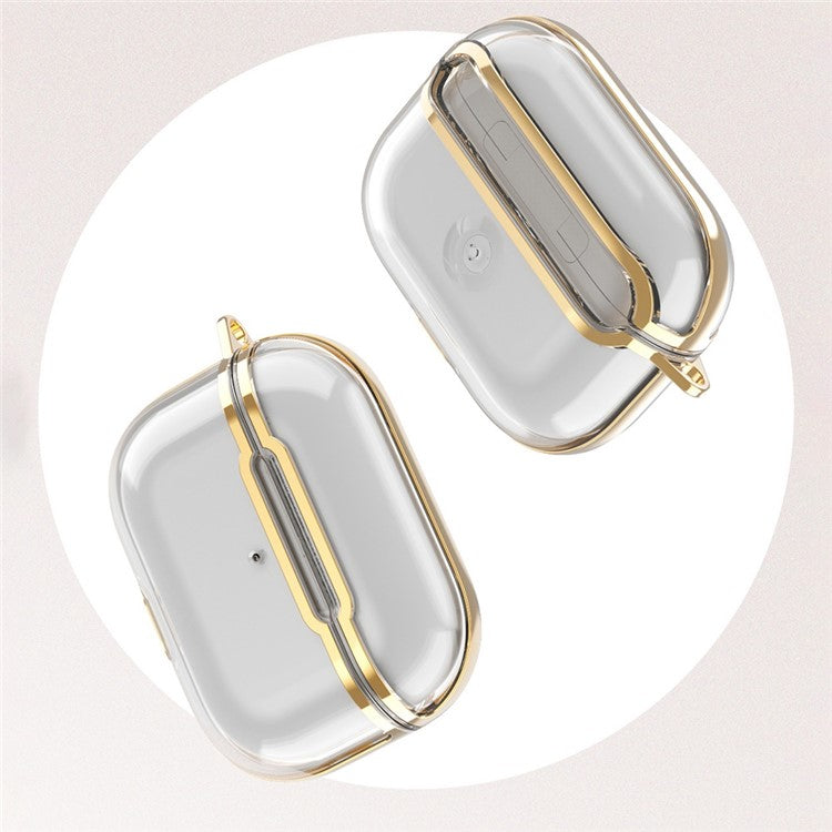 KKDJ865 For AirPods Pro 2 Transparent Earphone Case Soft TPU Hard PC Drop Proof Full Body Protective Electroplating Cover with Carabiner Hook - Transparent / Gold