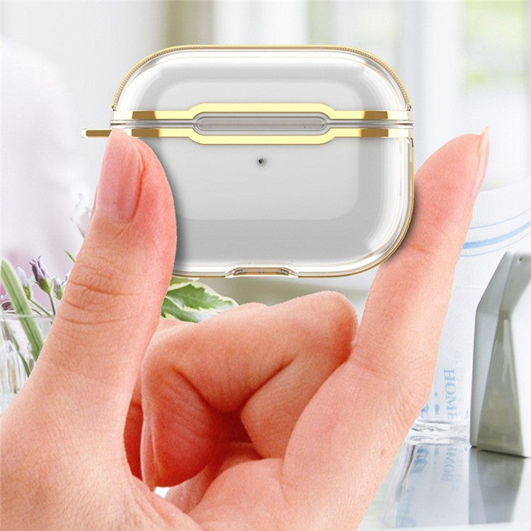 KKDJ865 For AirPods Pro 2 Transparent Earphone Case Soft TPU Hard PC Drop Proof Full Body Protective Electroplating Cover with Carabiner Hook - Transparent / Gold