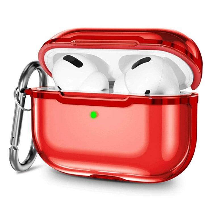 KKDJ865 For AirPods Pro 2 Transparent Earphone Case Soft TPU Hard PC Drop Proof Full Body Protective Electroplating Cover with Carabiner Hook - Transparent Red / Red