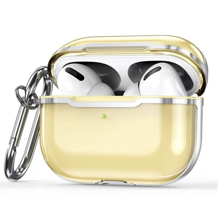 KKDJ865 For AirPods Pro 2 Transparent Earphone Case Soft TPU Hard PC Drop Proof Full Body Protective Electroplating Cover with Carabiner Hook - Transparent Gold / Silver